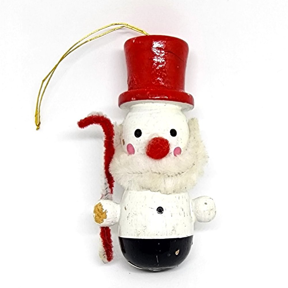 Vintage Christmas Snowman Santa Clause Hand Painted Wood Ornament